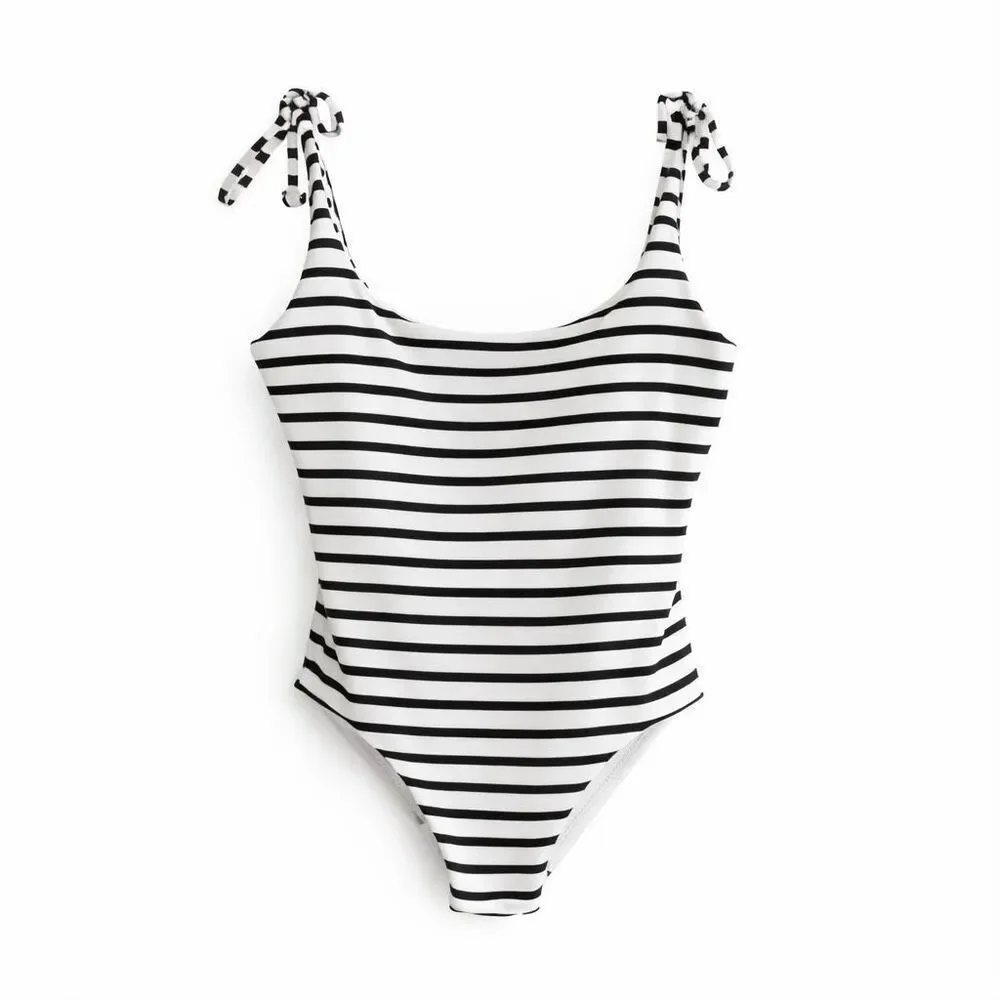 & Other Stories Ribbed Tie Shoulder One Piece Swimsuit Striped US 10 NWT